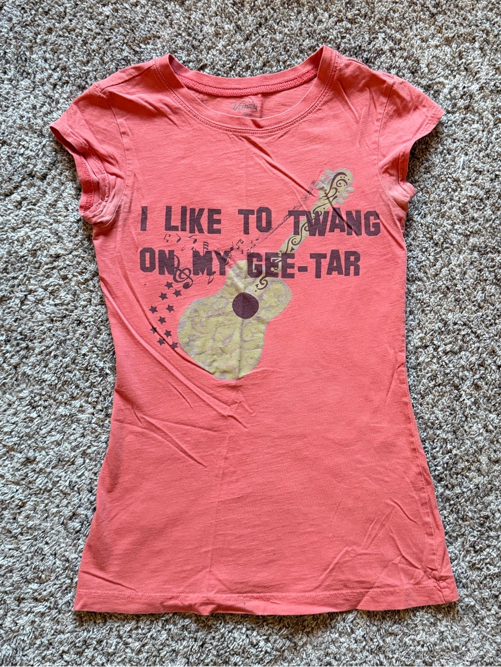 Vintage Orange Graphic Tee - "I Like to Twang on My Gee-Tar” guitar tee